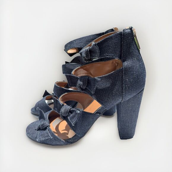 Indigo Rd Denim Bow Heel Sandals Women’s Size 7M Blue Open Toe Summer Shoes - Picture 3 of 9